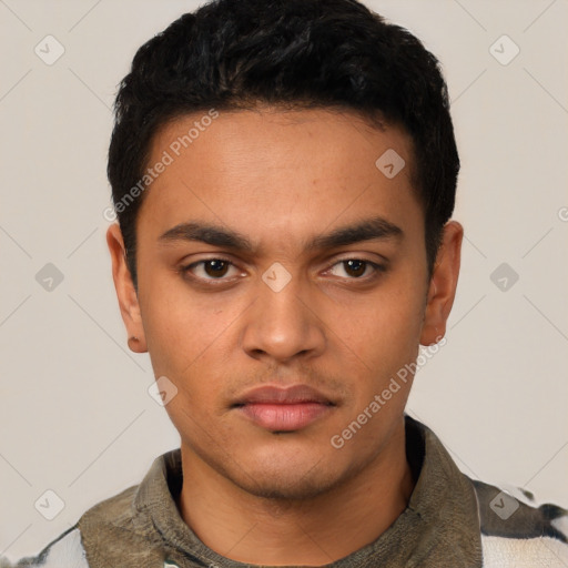 Neutral latino young-adult male with short  black hair and brown eyes