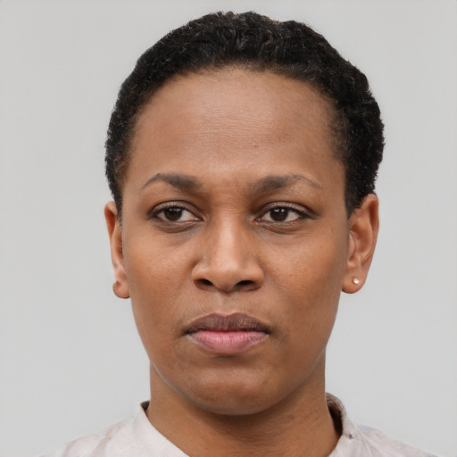 Neutral latino adult female with short  black hair and brown eyes