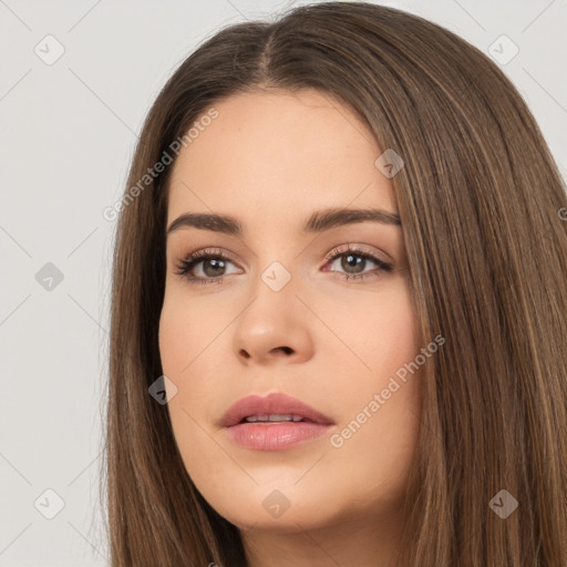 Neutral white young-adult female with long  brown hair and brown eyes