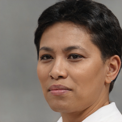 Neutral asian young-adult female with short  brown hair and brown eyes
