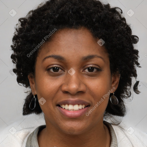 Joyful black young-adult female with medium  black hair and brown eyes