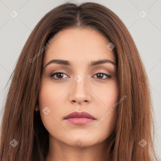 Neutral white young-adult female with long  brown hair and brown eyes