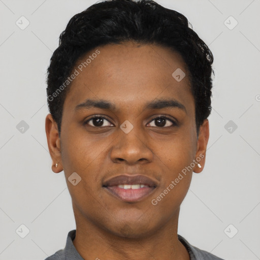 Neutral black young-adult male with short  black hair and brown eyes