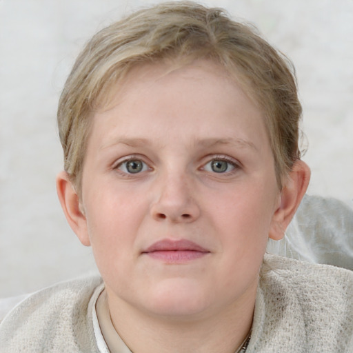 Neutral white young-adult female with short  brown hair and blue eyes