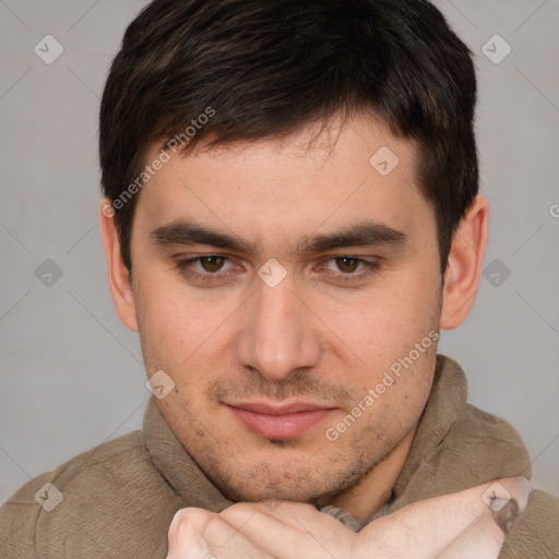 Neutral white young-adult male with short  brown hair and brown eyes