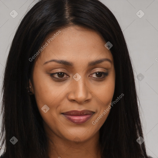 Joyful asian young-adult female with long  brown hair and brown eyes