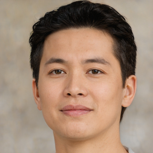 Neutral asian young-adult male with short  brown hair and brown eyes