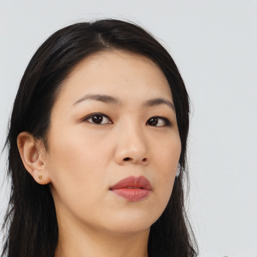 Neutral asian young-adult female with long  black hair and brown eyes