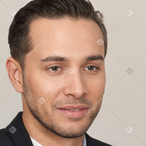 Joyful white young-adult male with short  brown hair and brown eyes