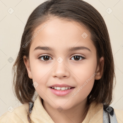 Joyful white child female with medium  brown hair and brown eyes