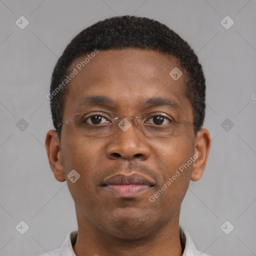 Neutral black young-adult male with short  brown hair and brown eyes
