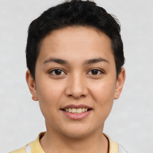 Joyful white young-adult female with short  black hair and brown eyes