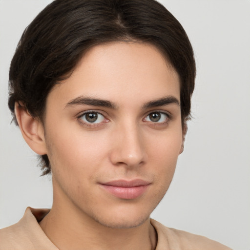 Neutral white young-adult female with short  brown hair and brown eyes