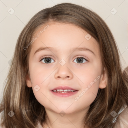 Joyful white child female with medium  brown hair and brown eyes