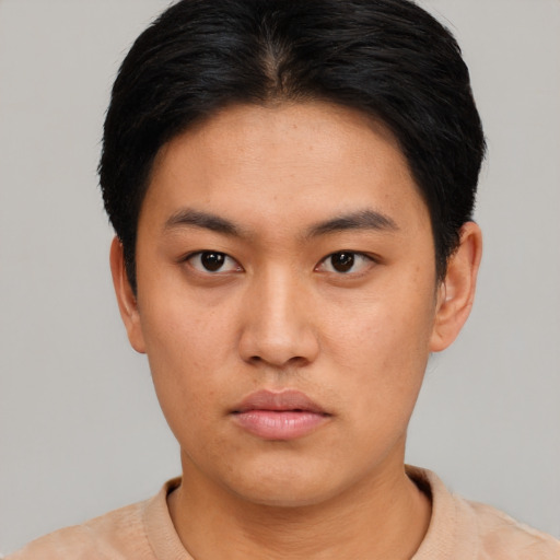 Neutral asian young-adult male with short  black hair and brown eyes