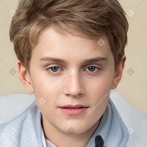 Joyful white child male with short  brown hair and brown eyes