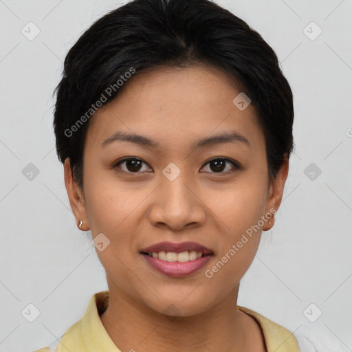 Joyful asian young-adult female with short  brown hair and brown eyes