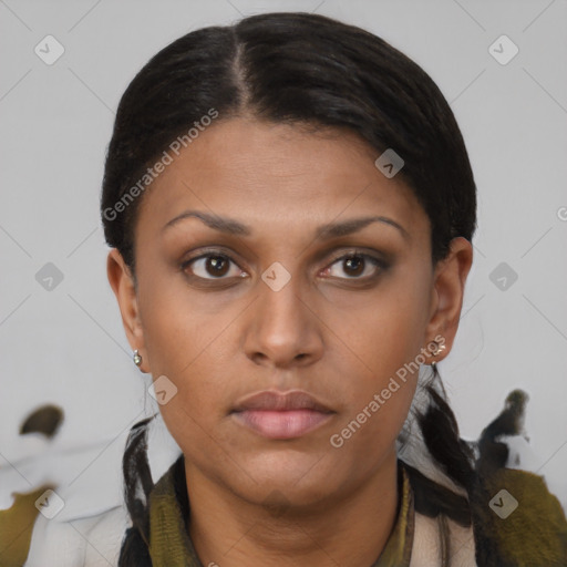 Neutral asian young-adult female with short  brown hair and brown eyes