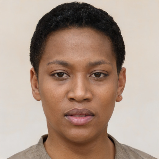 Neutral black young-adult female with short  black hair and brown eyes