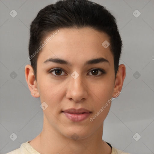 Joyful white young-adult female with short  brown hair and brown eyes