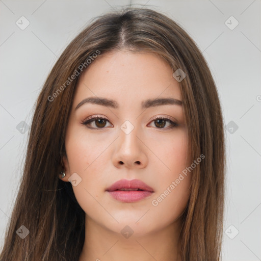 Neutral white young-adult female with long  brown hair and brown eyes