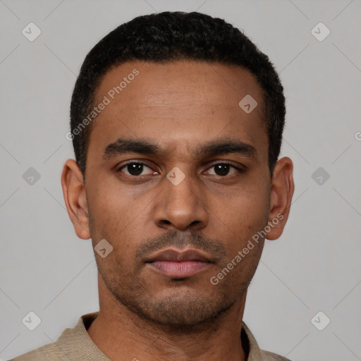 Neutral latino young-adult male with short  black hair and brown eyes