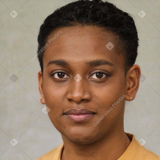 Joyful black young-adult female with short  black hair and brown eyes