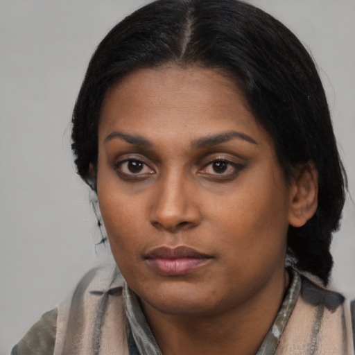 Neutral black young-adult female with short  black hair and brown eyes
