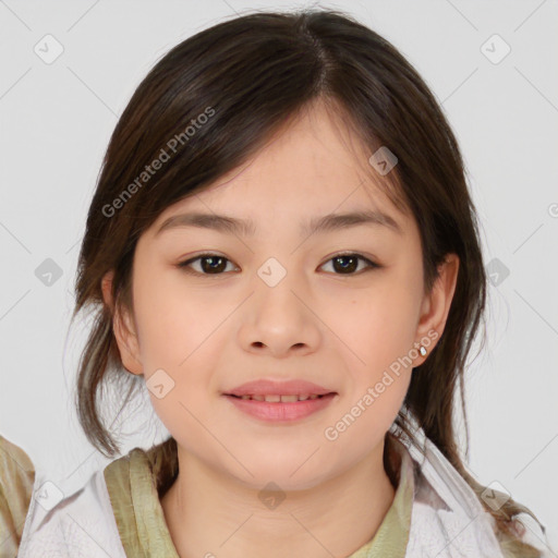 Joyful white child female with medium  brown hair and brown eyes