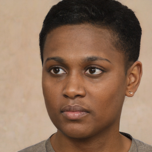 Neutral black young-adult female with short  black hair and brown eyes