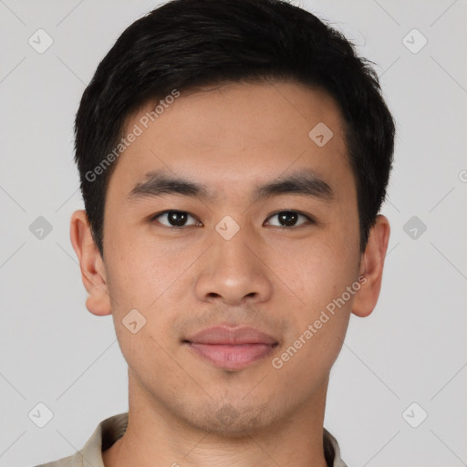 Neutral asian young-adult male with short  black hair and brown eyes