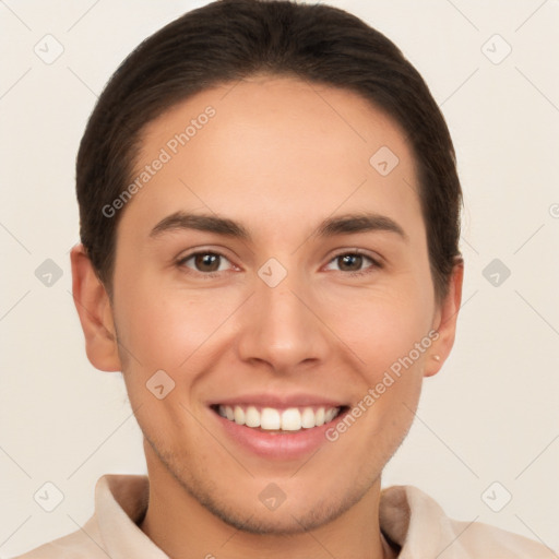 Joyful white young-adult female with short  brown hair and brown eyes