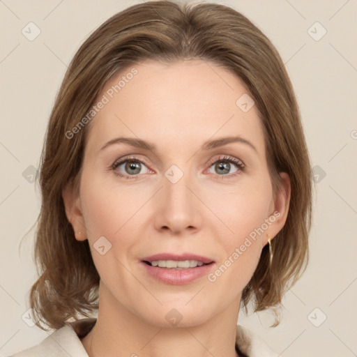 Joyful white young-adult female with medium  brown hair and green eyes