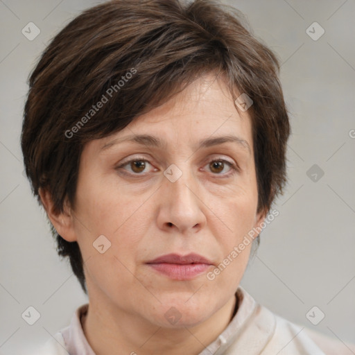 Joyful white adult female with short  brown hair and brown eyes