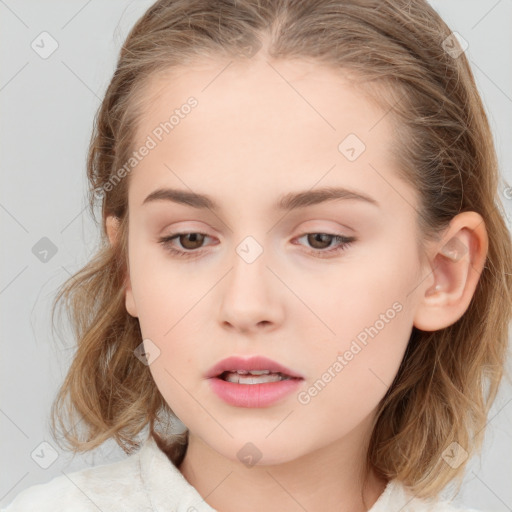 Neutral white child female with medium  brown hair and blue eyes