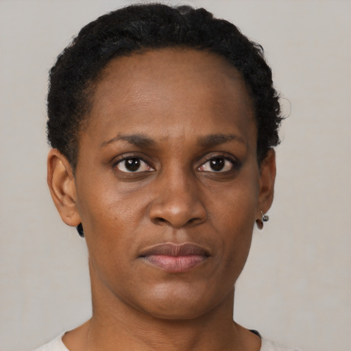 Neutral black young-adult female with short  black hair and brown eyes