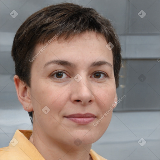 Neutral white adult female with short  brown hair and brown eyes