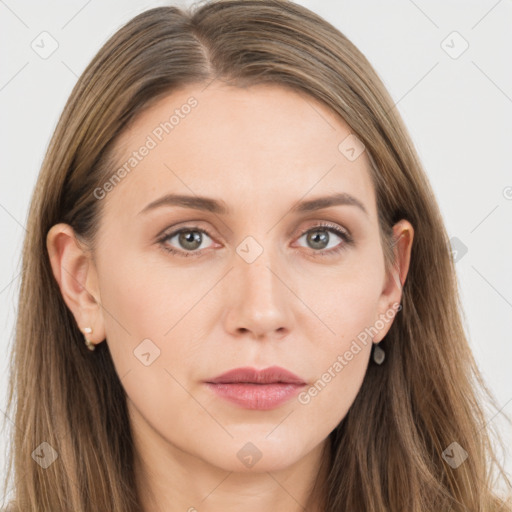 Neutral white young-adult female with long  brown hair and brown eyes