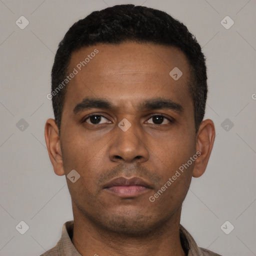 Neutral latino young-adult male with short  black hair and brown eyes