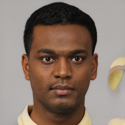 Neutral black young-adult male with short  black hair and brown eyes