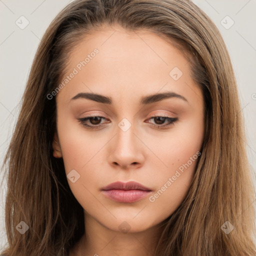 Neutral white young-adult female with long  brown hair and brown eyes