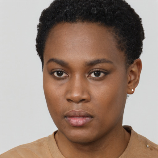 Neutral black young-adult female with short  black hair and brown eyes