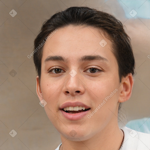 Joyful white young-adult female with medium  brown hair and brown eyes