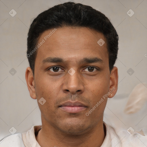 Neutral latino young-adult male with short  black hair and brown eyes