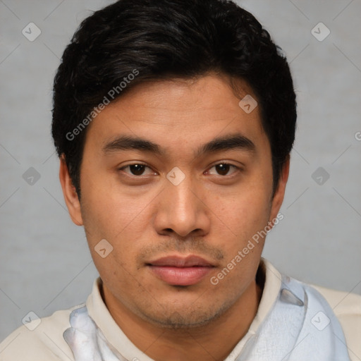 Neutral asian young-adult male with short  brown hair and brown eyes