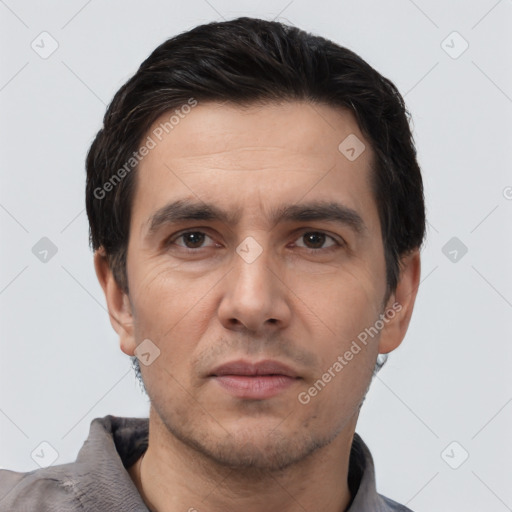 Neutral white adult male with short  black hair and brown eyes