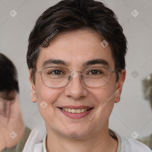 Joyful white adult female with short  brown hair and brown eyes