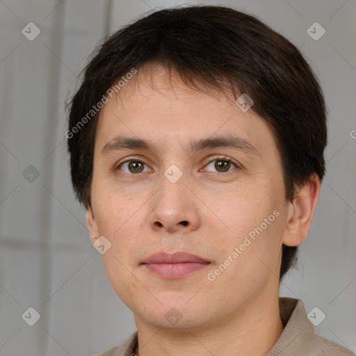 Neutral white young-adult male with short  brown hair and brown eyes