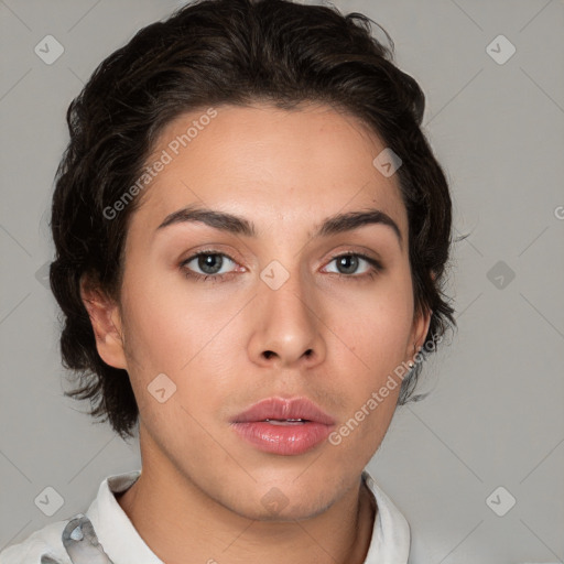 Neutral white young-adult female with medium  brown hair and brown eyes