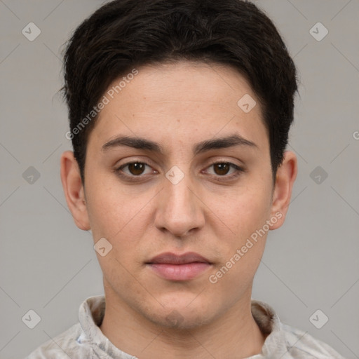 Joyful white young-adult female with short  brown hair and brown eyes